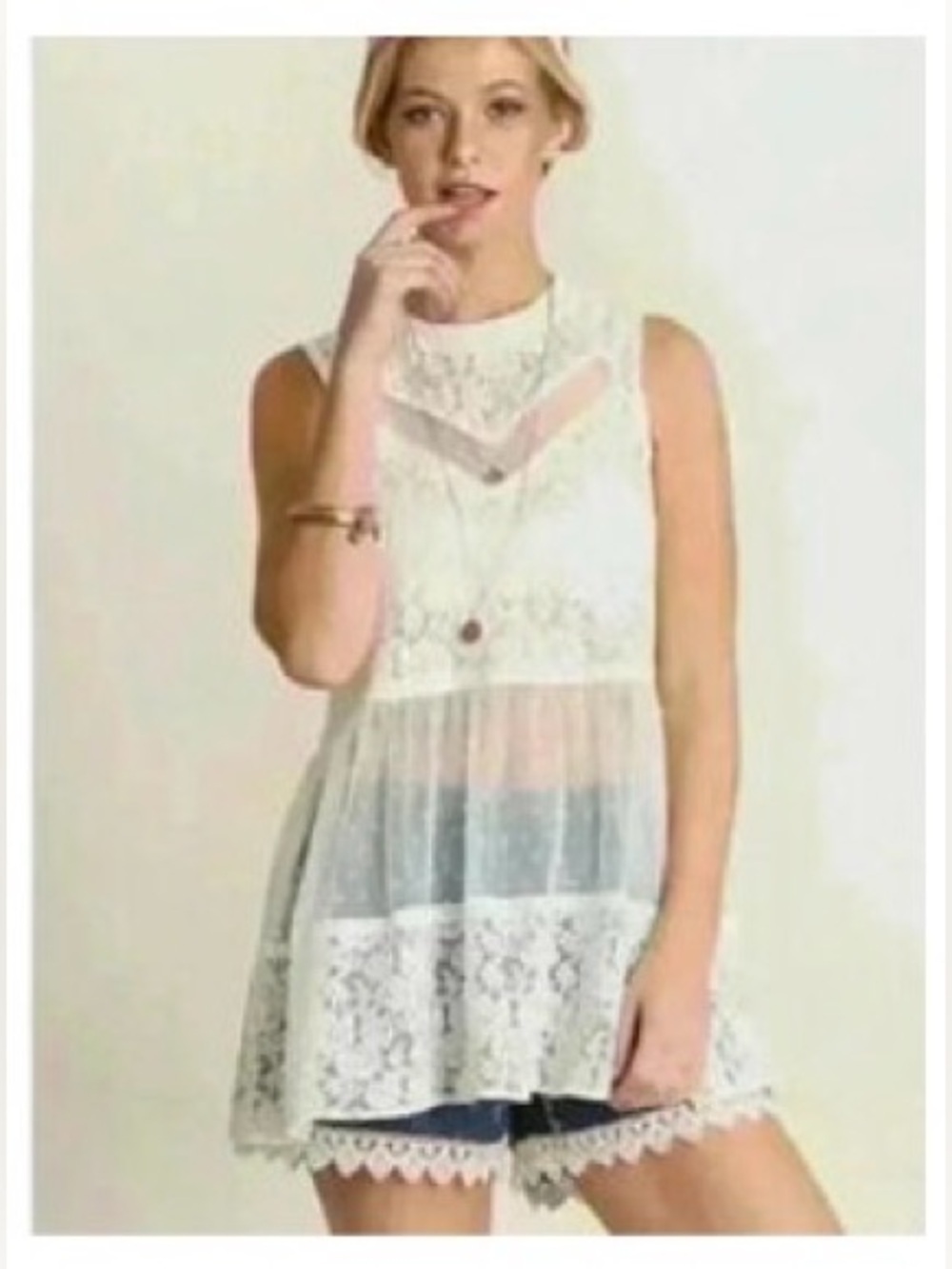 Boho Concert Ready! Sz Large Umgee Off White Floral Lace Dot Mesh High Neck Tank